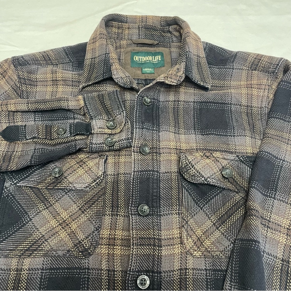 Outdoor Life Plaid Heavyweight Flannel Camping Shirt Brown Grey Men’s Medium